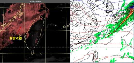 今(16日)晨4：30真實色雲圖顯示，台灣海峽北部有低雲或霧(左圖)。最新(15日20時)歐洲模式(ECMWF)，下週三(25日)8時地面模擬圖顯示，鋒面掠過、東北季風南下，迎風面轉有雨降溫(右圖)。（圖／翻攝自氣象應用推廣基金會）