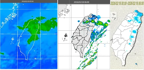今(18日)晨5:50紅外線色調強化雲圖顯示,北部有雲層正在通過(左圖)。6時雷達回波合成圖顯示,雲層伴隨降水回波(中圖)。6時累積雨量圖顯示,北部及東半部有降雨。(圖/翻攝自氣象應用推廣基金會)