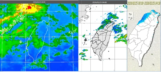 今(25日)晨4：40紅外線色調強化雲圖顯示，鋒面移入伴隨層狀雲(左圖)。4：40雷達回波合成圖顯示，層狀雲降水回波偏弱(中圖)。4：30累積雨量圖顯示，苗栗以北有局部降雨(右圖)。（圖／翻攝自氣象應用推廣基金會）