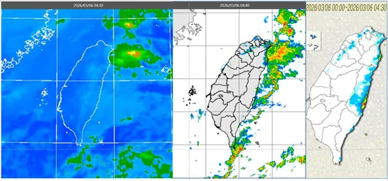 今(6日)晨4：30紅外線色調強化雲圖顯示，東半部雲層厚實、西半部雲層鬆散(左圖)。4：40雷達回波合成圖顯示，降水回波大多在東側海上(中圖)。4：30累積雨量圖顯示，臺中以北有局部降雨、東半部較明顯(右圖)。（圖／翻攝自洩天機教室）