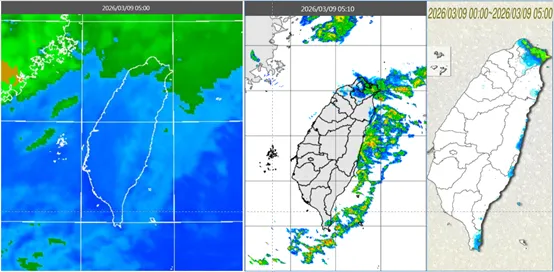 今(9日)晨5時紅外線色調強化雲圖顯示,北部海面、東半部雲層厚較多(左圖)。5:10雷達回波合成圖顯示,大台北、東半部有降水回波(中圖)。5時累積雨量圖顯示,北海岸、東半部有局部降雨(右圖)(圖/翻攝自「洩天機教室」專欄)