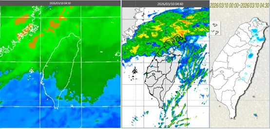 今(10日)晨4：30紅外線色調強化雲圖顯示，中部以北雲層很多(左圖)。4：40雷達回波合成圖顯示，較強降水回波在海上(中圖)。4：30時累積雨量圖顯示，北部、東半部局部少量降雨(右圖)。（圖／翻攝自「洩天機教室」專欄）