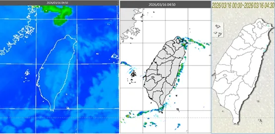 今(16日)清晨4時50分紅外線色調強化雲圖顯示,東北部有低層雲(左圖)。4:50雷達回波合成圖顯示,伴隨零星降水回波(中圖)。4:30累積雨量圖顯示,東北角、宜花零星飄雨(右圖)。(圖/翻攝自「洩天機教室」專欄)