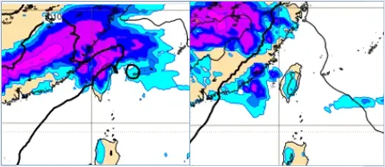 26日(左圖)及27日(右圖)20時歐洲模式(ECMWF)，分別模擬下週四(2日)20時6小時累積雨量圖顯示，鋒面雨帶上強對流持續調整，對台灣陸地的影響，又再改變。（圖／翻攝自「洩天機教室」專欄）