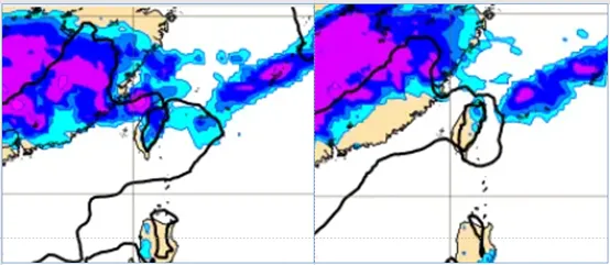 歐洲模式(ECMWF)分別模擬明(31)日14時6小時累積雨量圖顯示，北部的降雨，已明顯調弱。（圖／翻攝自氣象應用推廣基金會）