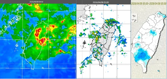 今(8日)晨4：50紅外線色調強化雲圖顯示，鋒面殘餘雲系在台灣附近(左圖)。5時雷達回波合成圖顯示，雲系伴隨零星降水回波(中圖)。5時累積雨量圖顯示，各地有局部短暫降雨(右圖)。（圖／翻攝自「洩天機教室」專欄）