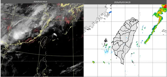 今（3）日清晨4：10真實色雲圖顯示，鋒面雲系在華南。4：20雷達回波合成圖顯示，台灣無降水回波（右圖）。（圖／翻攝自「洩天機教室」）