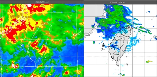 今(13日)晨4：10紅外線色調強化雲圖顯示，鋒面雲系漸移出(左圖)。4：10雷達回波合成圖顯示，降水回波漸增強(右圖)。（圖／翻攝自氣象應用推廣基金會）