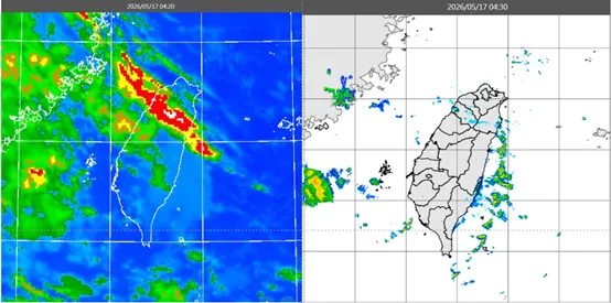 今（17）日清晨4：20紅外線色調強化雲圖顯示，台灣有稀疏的中高雲(左圖)。4：30雷達回波合成圖顯示，東側海上有降水回波(右圖)。（圖／翻攝自「洩天機教室」）