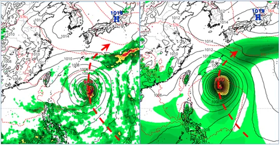 最新(24日20時)歐洲(ECMWF)模式、下週(31)日20時模擬圖(左圖)顯示,下半週菲律賓東方海面有熱帶擾動發展,將在琉球東南方海面、向東北大迴轉,歐洲AI(AIFS)模式模擬的轉向位置雖略有差異(右圖),皆對臺無直接影響。(圖/翻攝自氣象應用推廣基金會)