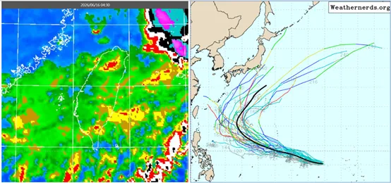 今(16日)晨4：30紅外線色調強化雲圖(左圖)顯示，台灣上空雲系鬆散。最新(15日20時)美國系集模式(GEFS)路徑模擬(右圖)顯示，菲律賓東方有熱帶擾動發展，將在日本南方海面，向東北大迴轉。（圖／翻攝自氣象應用推廣基金會）