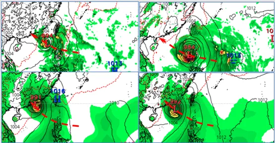 最新(20日20時)歐洲(ECMWF)模式(左上)、美國(GFS)模式(右上)，歐洲AI模式(左下)及美國AI模式(右下)，週六(25日)20時模擬圖顯示，熱帶系統已通過呂宋島北端進入南海、朝港、澳、廣東一帶前進。歐、美AI模式移速較快，美國(GFS)模式最慢也最偏南，歐洲(ECMWF)模式則較偏北、速度居中。（圖／翻攝自氣象應用推廣基金會）