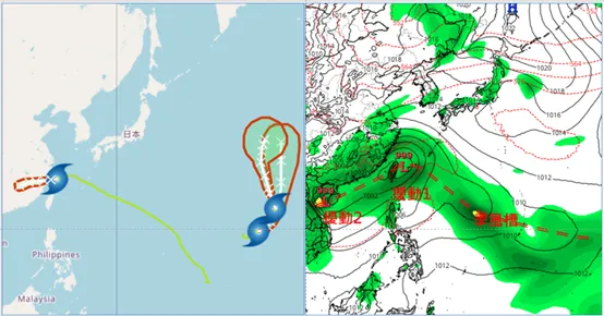 最新(27日20時)歐洲(ECMWF)AI模式、下週一(31日20時)模擬圖顯示,「季風槽」活躍,臺灣東方海面及南海皆有熱帶擾動發展的跡象,行徑彼此干擾。(圖/翻攝自氣象應用推廣基金會)