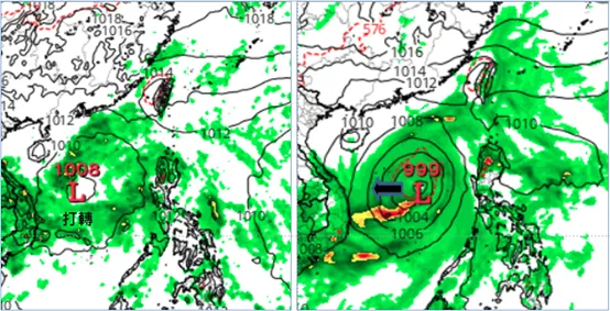 最新(7日20時)歐洲(ECMWF左圖)及美國(GFS右圖)模式、週六(13日20時)模擬圖顯示,熱帶擾動在南海醞釀,發展強度差異很大,動向亦不同。(圖/翻攝自氣象應用推廣基金會)