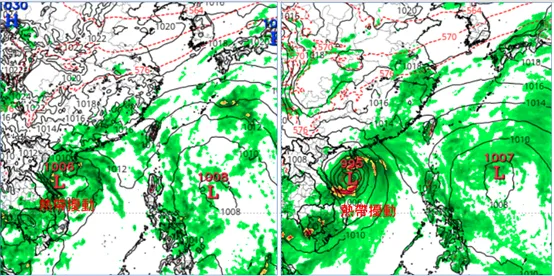 最新(9日20時)歐洲(ECMWF左圖)及美國(GFS右圖)模式、下週(13)日20時模擬圖顯示，熱帶擾動在南海醞釀，大致朝越南方向前進；發展的程度有差異。（圖／翻攝自氣象應用推廣基金會）