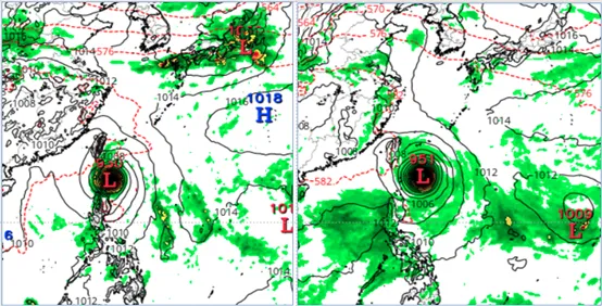 歐洲（ECMWF）模擬下週一20時已進入巴士海峽，美國（GFS）模擬下週二20時才將進入巴士海峽，強度及動向皆有顯著差異，尚待持續觀察。（圖／擷自tropical tidbits）
