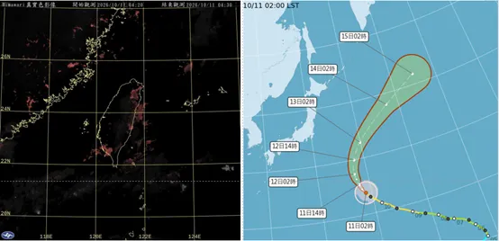 左圖：今晨4時20分，真實色雲圖顯示，東側有稀疏低雲。右圖為颱風路徑。（圖／翻攝「洩天機教室」專欄）