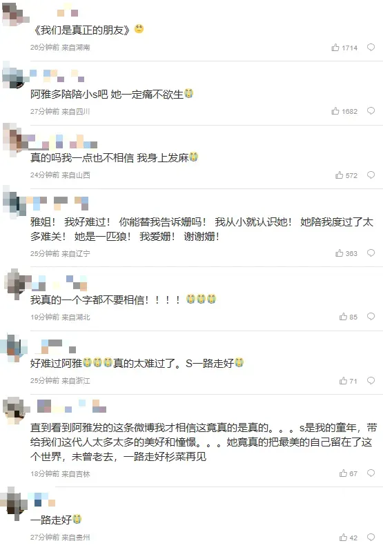 不少大陸網友在阿雅的微博留言區表達對大S的哀思。（圖／翻攝自微博）
