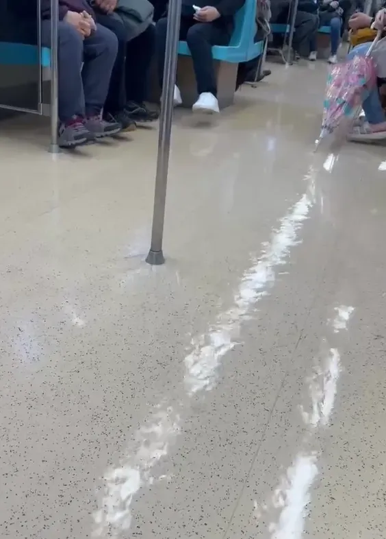 北捷淡水信義線車廂內整片積水。（圖／Threads網友＠kinokotung提供）