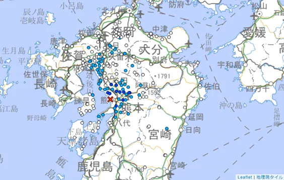 日本九州有明海29日晚間發生規模4.2地震，熊本市西區最大震度4級。（圖／翻攝自日本氣象廳官網）