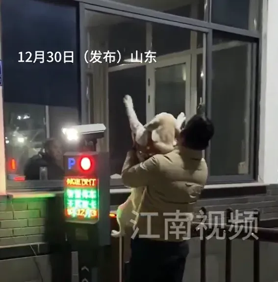 男子直接抱起愛犬當「通行證」。（圖／翻攝微博@江南都市報）