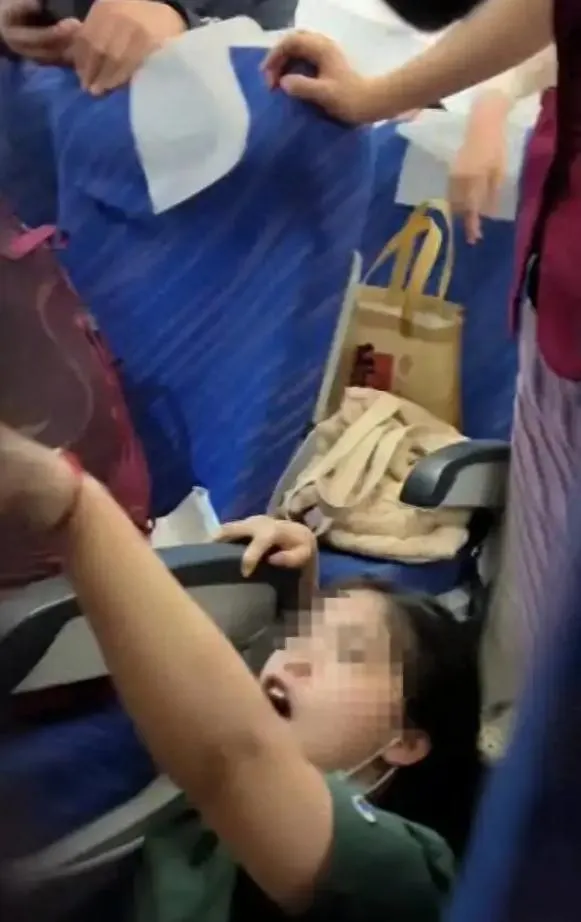 陸女搭機遭童狂頂椅背,抗議反遭熊孩一家圍毆。(圖/翻攝大風新聞)