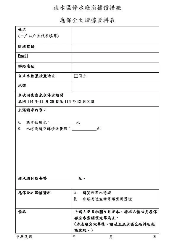 補償申請表單。（圖／新北市政府）