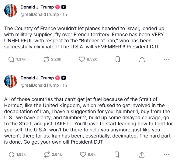 美國總統川普（Donald Trump）31日突發多篇文章，再度向北約盟友施壓。（圖／翻攝Truth Social）