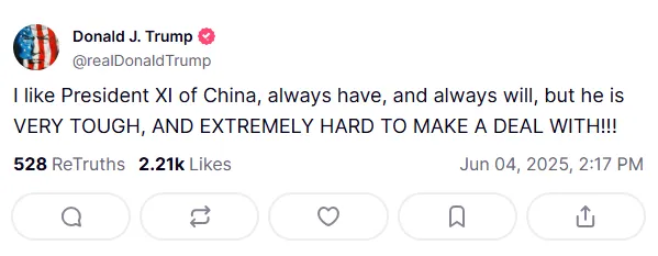 川普的發文。（圖／翻攝Truth Social@realDonaldTrump）
