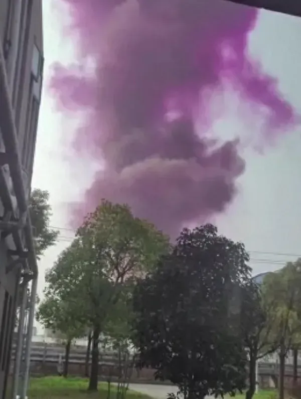 11日下午,江蘇泰州市一工業園區內發生爆炸,事故現場升起紫色濃煙。(圖/翻攝自抖音「大風新聞」)