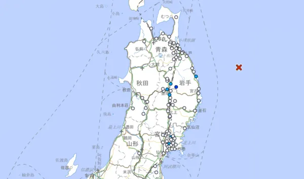 日本時間28日晚間7時45分，三陸外海發生規模5.1的地震，初步測量顯示最大震度為3級。（圖／日本氣象廳）