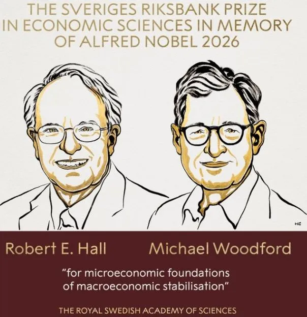美國學者霍爾（Robert E. Hall）與伍德福德（Michael Woodford）獲得2026諾貝爾經濟學獎殊榮。（圖／翻攝諾獎官方X帳號）
