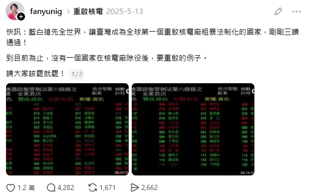 范雲曾在社群發文稱沒有國家核電廠重啟。(圖/翻攝范雲Threads)