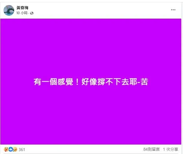黃春梅9日發文：「好像撐不下去」，令粉絲相當擔心。（圖／翻攝自黃春梅 臉書）