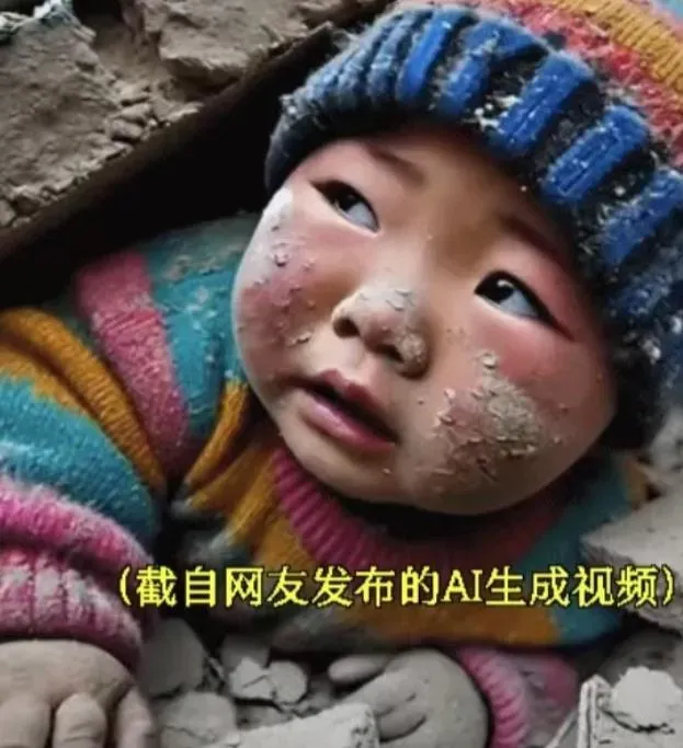 網路瘋傳的小男童被埋照，其實是AI合成。（圖/翻攝新浪微博）