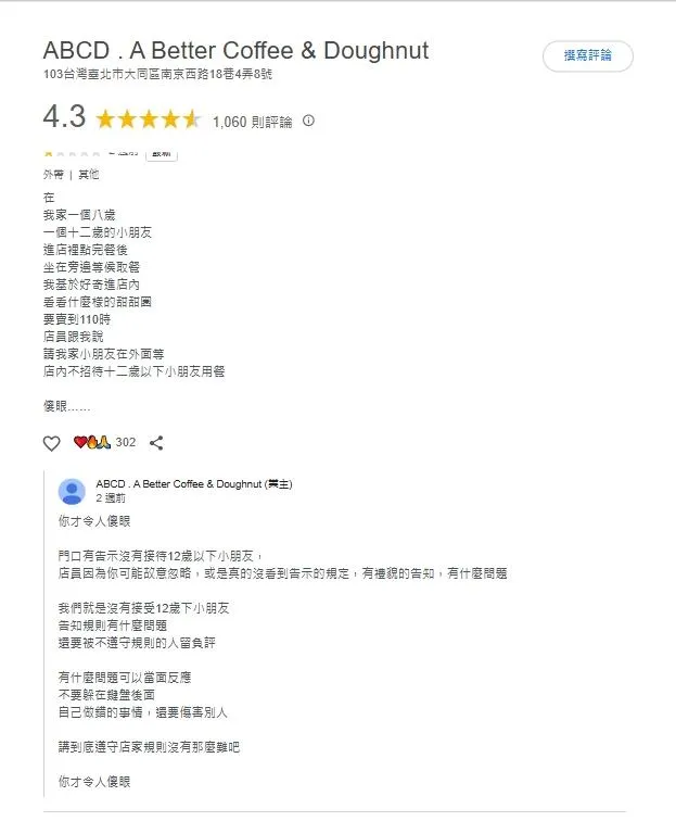 甜甜圈店拒童爭議延燒，老闆昔日嗆客留言遭翻出再度炎上。（圖／翻攝畫面）