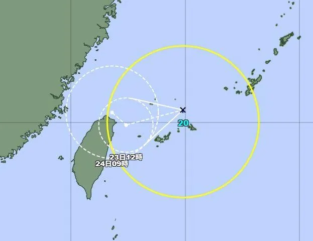 日本氣象廳發布，位於宮古島附近的熱帶性低氣壓已增強為今年第20號颱風「簡拉維」。（圖／翻攝自日本氣象廳）