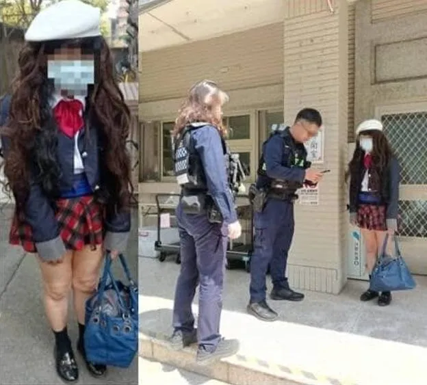 該男子自稱為校友，變裝是個人興趣，由於並未違法，警方在告誡後請其離去。（圖／同學提供）