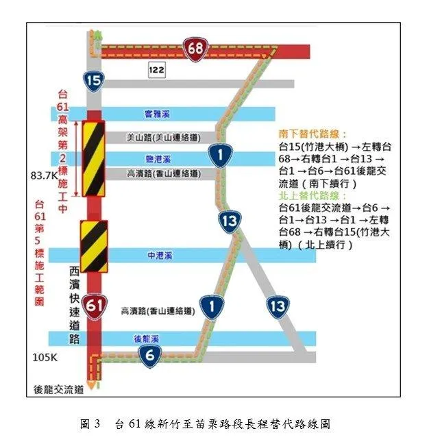 台61線新竹至苗栗路段長程替代路線圖。（圖／交通部公路局提供）