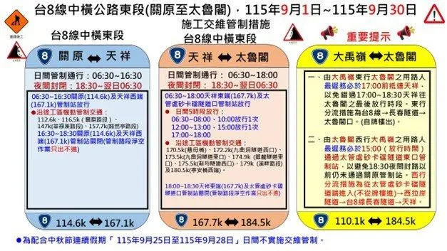 台8線中橫公路9月持續實施交通管制,豁然亭路段每日僅開放5時段通行。(圖/公路局)