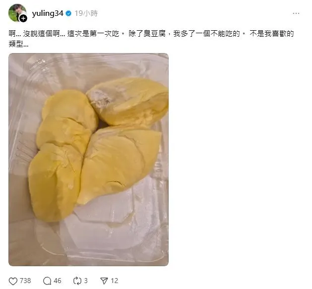 邊荷律坦言榴槤不是她喜歡的類型。（圖／翻攝threads yuling34）