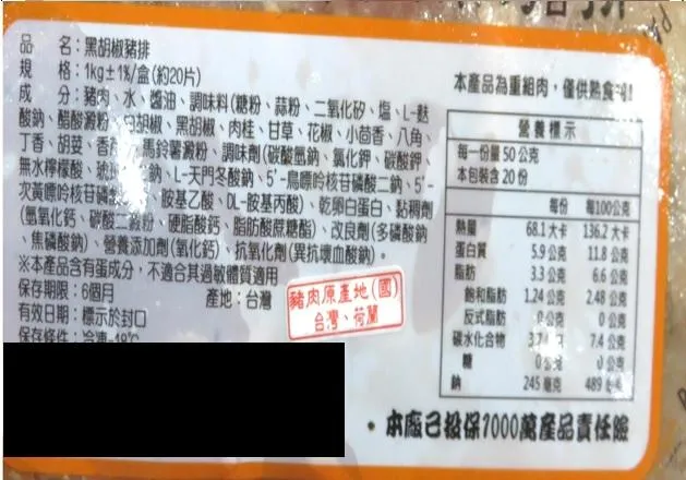 重組肉產品外包裝未依規定標示重組或等同字義說明。(圖/食藥署)