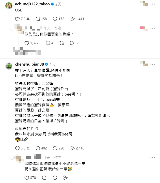 陳致中與陳水扁在社群上展開諧音哏大戰。（圖／翻攝Threads）