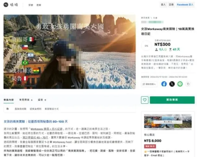 該名女網友在嘖嘖募資平台發起「女孩Workaway南美冒險」計畫。（圖／翻攝募資平台）