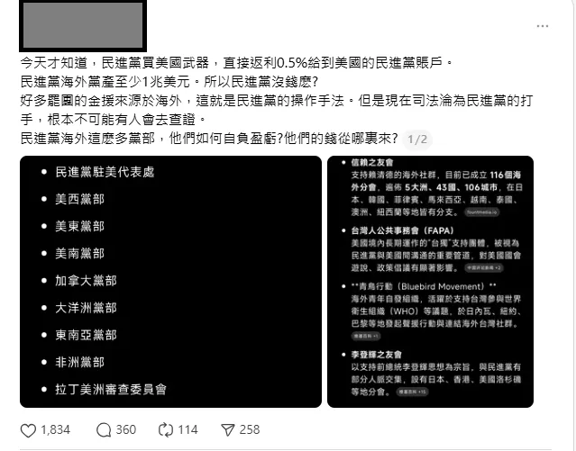網路近來流傳「民進黨買美國武器，直接返利到美國民進黨帳戶」謠言。（圖取自網路）