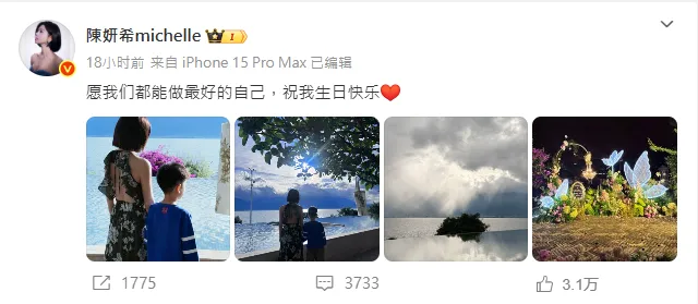 陳妍希罕見曬出與8歲兒子同框合照。（圖／翻攝自陳妍希 微博）