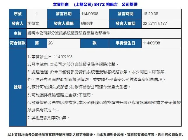 夠麻吉系統遭受駭客網路攻擊，已立即採取緊急應變措施並向警方報案。（圖／翻攝自公開資訊觀測網站）