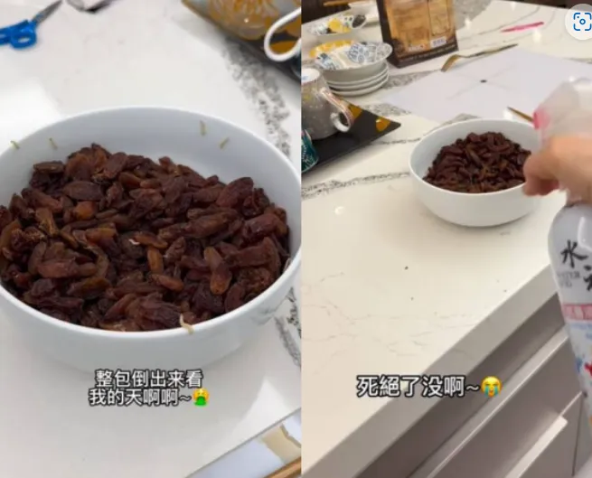 徐薇對有蟲的果乾噴灑清潔劑。（圖／翻攝自徐薇IG）