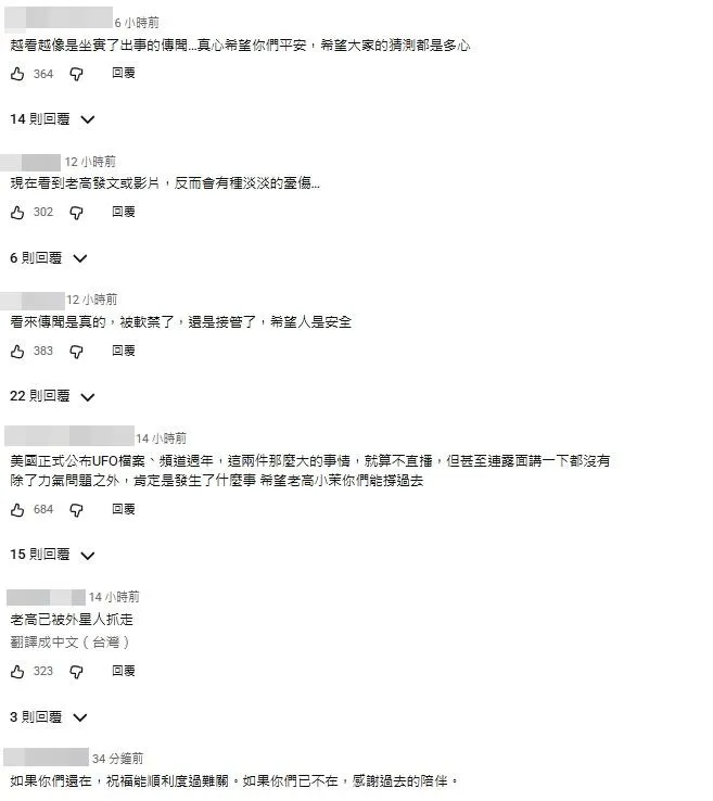 粉絲擔憂老高與小茉的安危。（圖／翻攝自老高與小茉 Mr &amp; Mrs Gao YouTube）