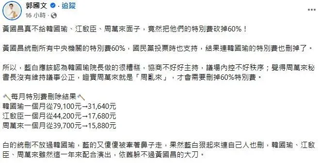 民進黨立委郭國文臉書發文揶揄藍白聯手刪特別費預算砍到自己人。(圖/取自郭國文臉書)